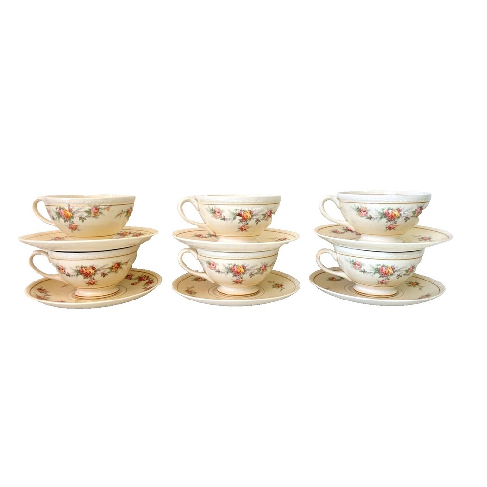 Vintage Homer Laughlin Eggshell Georgian Floral Rose Tea Set 6 Cups 6 Saucers